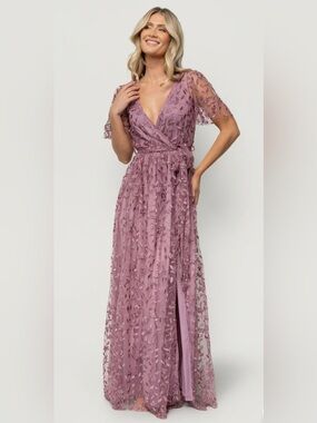 Mauve Lace Embroidered V-Neck Maxi Dress